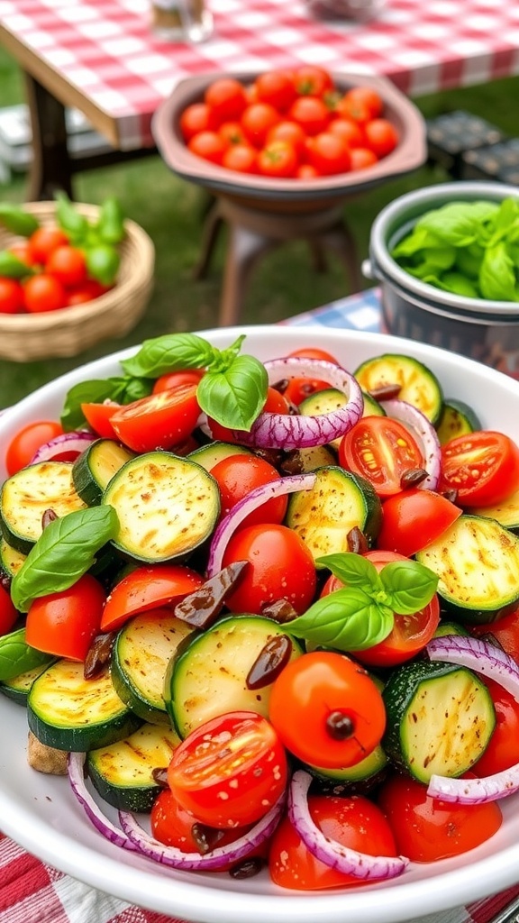 Grilled zucchini salad with cherry tomatoes and red onion, garnished with basil, in a festive outdoor setting.